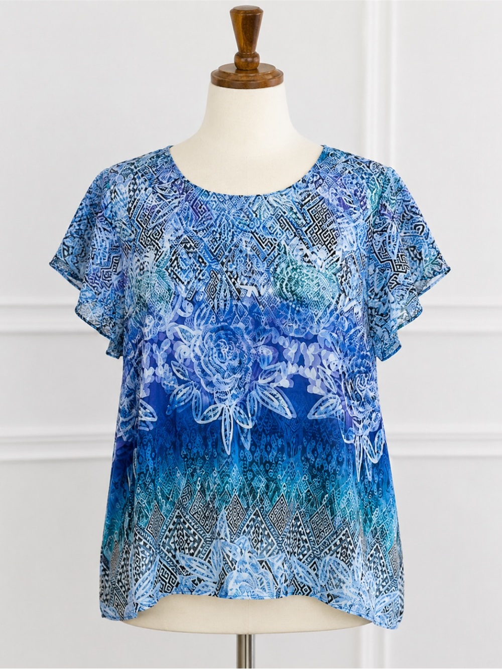 Catherines Ethereal Floral Mesh Tunic Top 4X Bliue Sheer Layered Boho Flutter